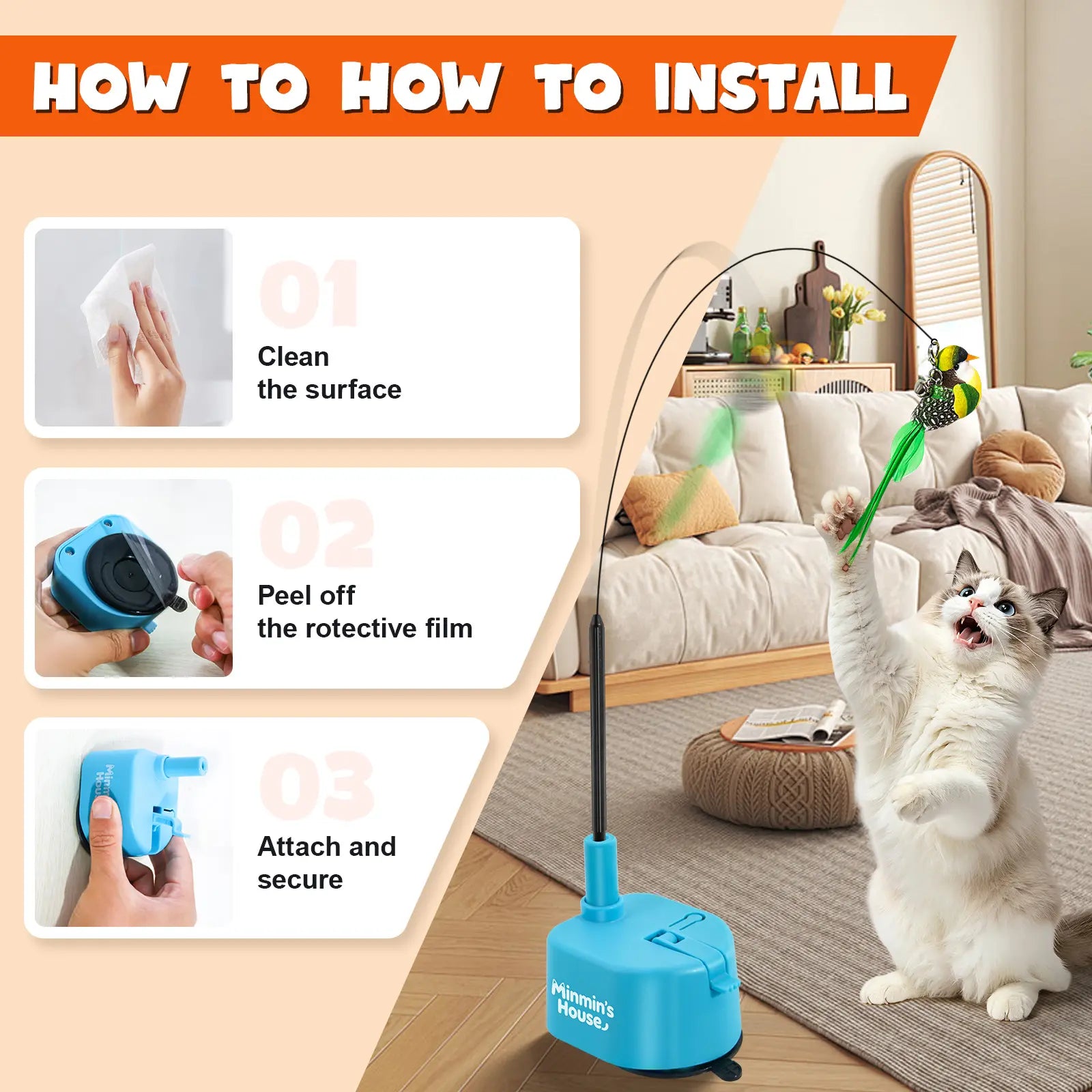 Interactive Cat Toys for Indoor Cats - Automatic 360° Swirling Flying Bird Feather Toy, USB Rechargeable Electric Cat Teaser with Reusable Strong Sticky Vacuum Suction Cup Base,Self-Play Toy for Bored Cat,Essential for Pet Lovers