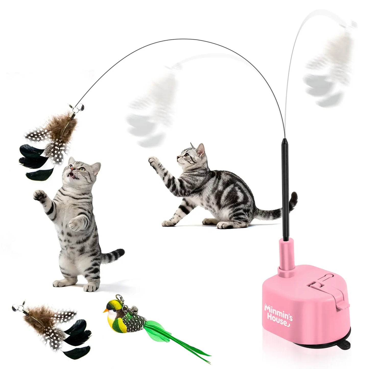 Interactive Cat Toys for Indoor Cats - Automatic 360° Swirling Flying Bird Feather Toy, USB Rechargeable Electric Cat Teaser with Reusable Strong Sticky Vacuum Suction Cup Base,Self-Play Toy for Bored Cat,Essential for Pet Lovers