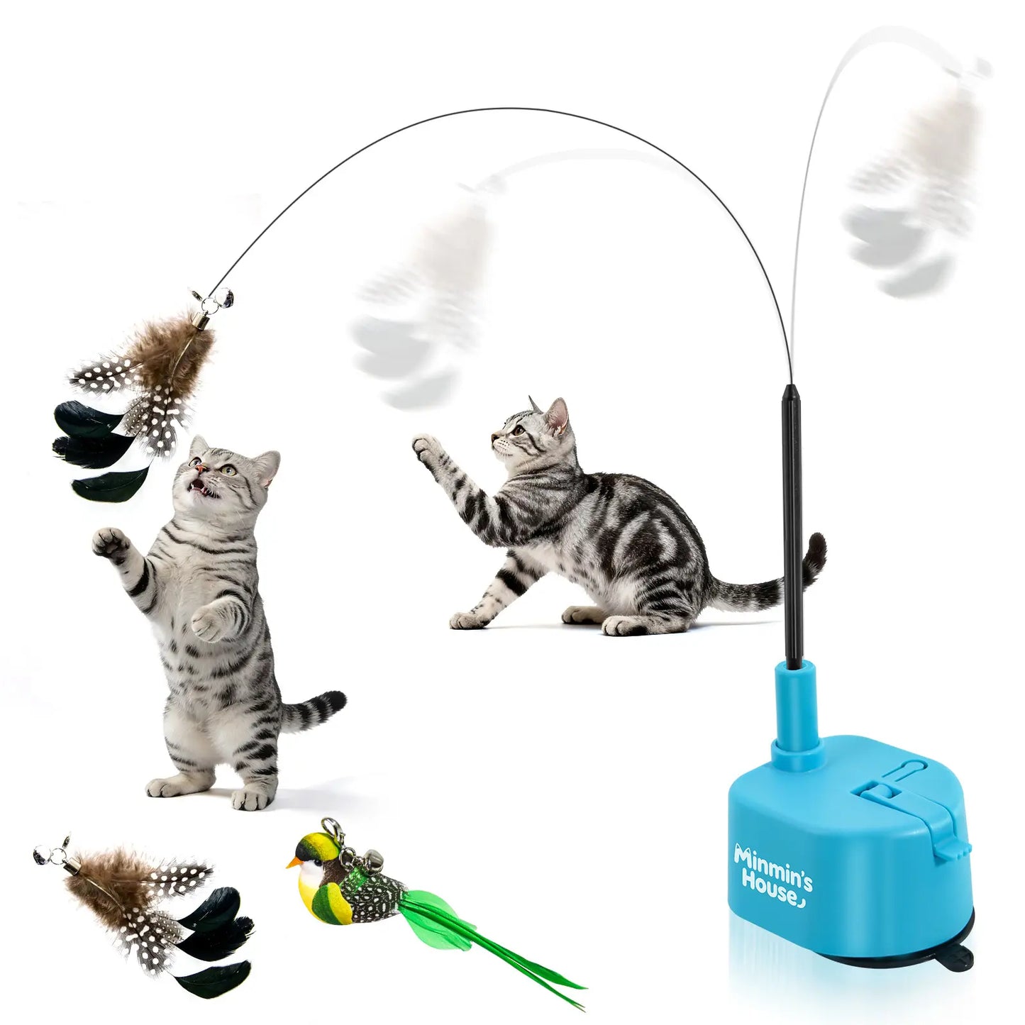 Interactive Cat Toys for Indoor Cats - Automatic 360° Swirling Flying Bird Feather Toy, USB Rechargeable Electric Cat Teaser with Reusable Strong Sticky Vacuum Suction Cup Base,Self-Play Toy for Bored Cat,Essential for Pet Lovers